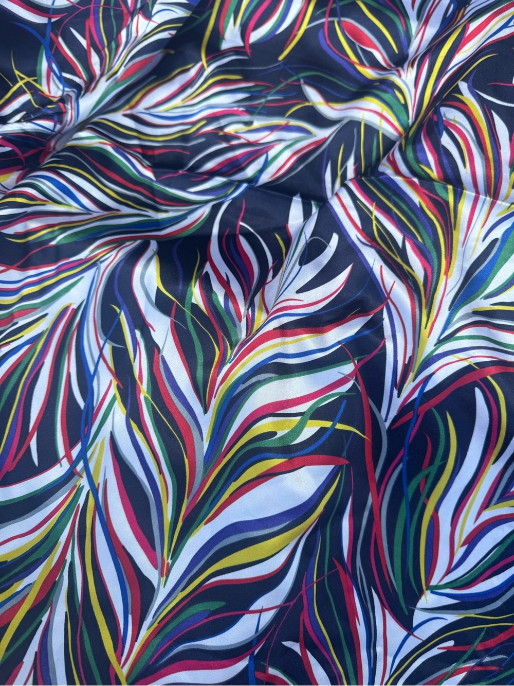 Vintage Navy Multicolor Feather-Print poly satin charmeuse fabric 4 yards NEW